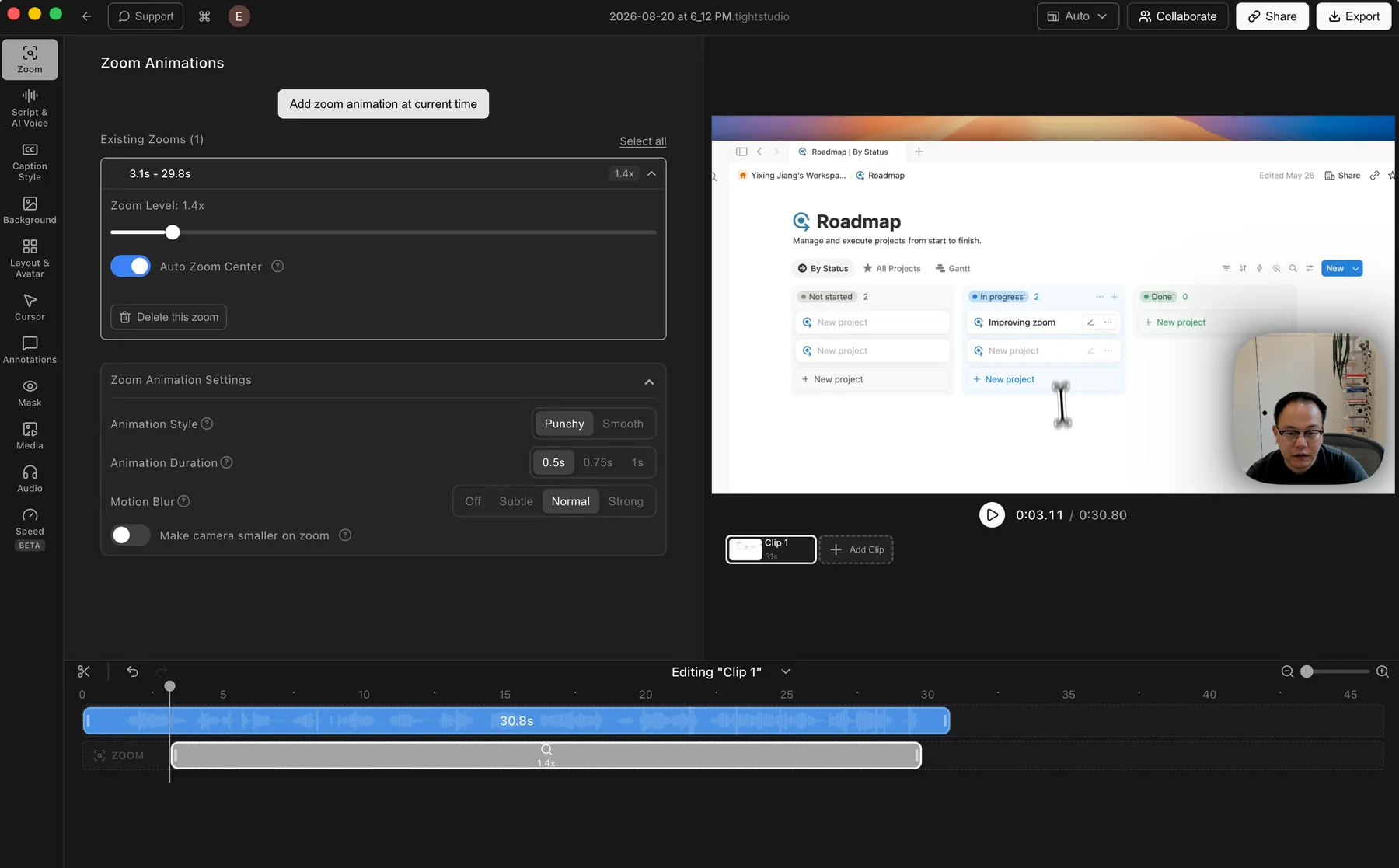 Tight Studio Zoom Animations editor showing a zoom segment on the timeline and controls for zoom level, auto-centering, animation duration, motion blur, and camera size