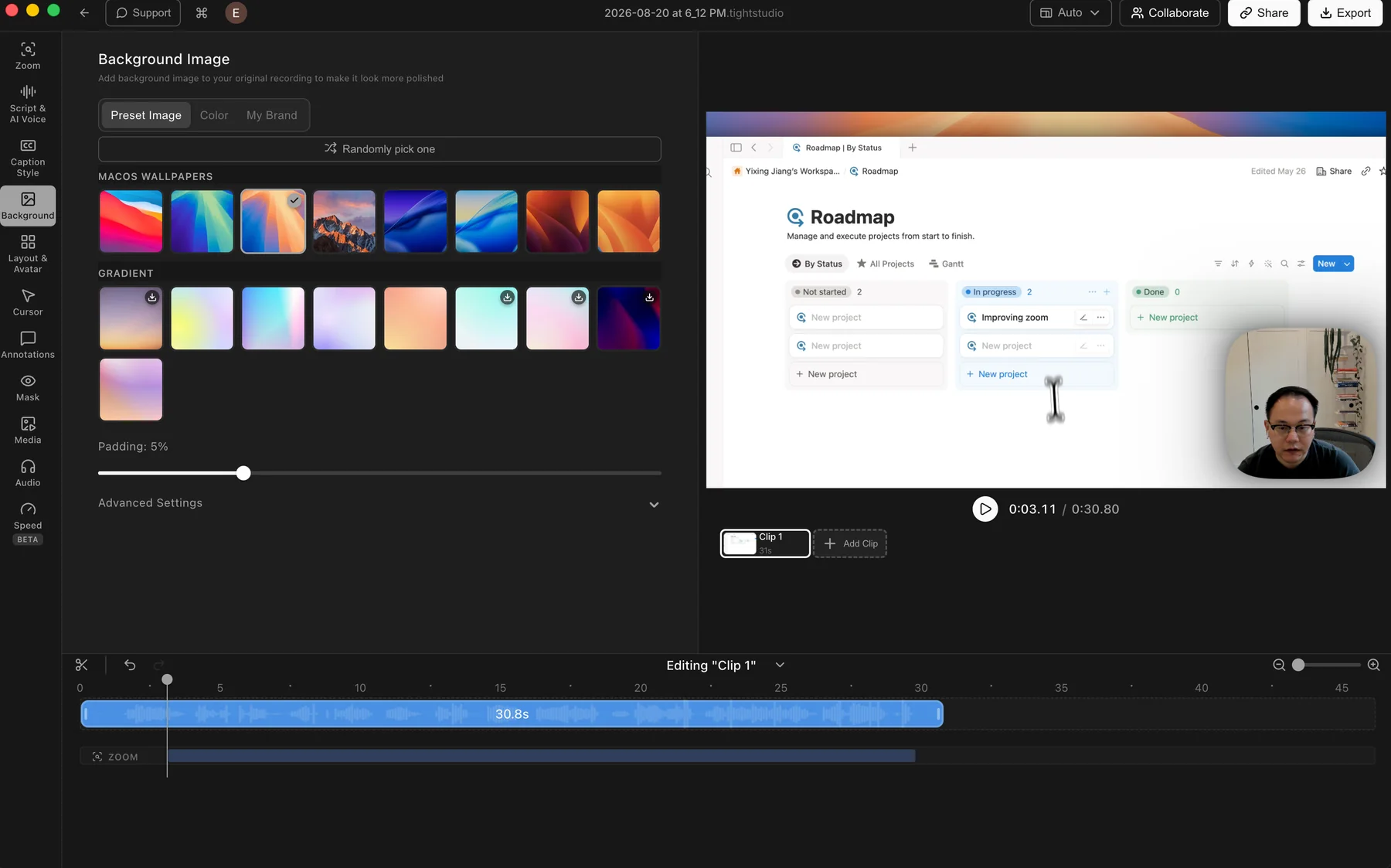 Tight Studio Background Image panel showing preset macOS wallpapers, gradients, custom color and My Brand tabs, and a padding control