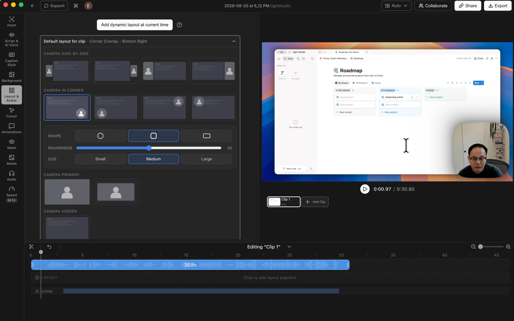Tight Studio Layout and Avatar panel showing side-by-side layouts, corner overlays, camera-primary and camera-hidden modes, camera shape and size controls, and a layout track on the timeline