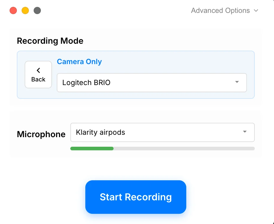 Tight Studio recording picker in Camera Only mode with camera and microphone device controls above the Start Recording button