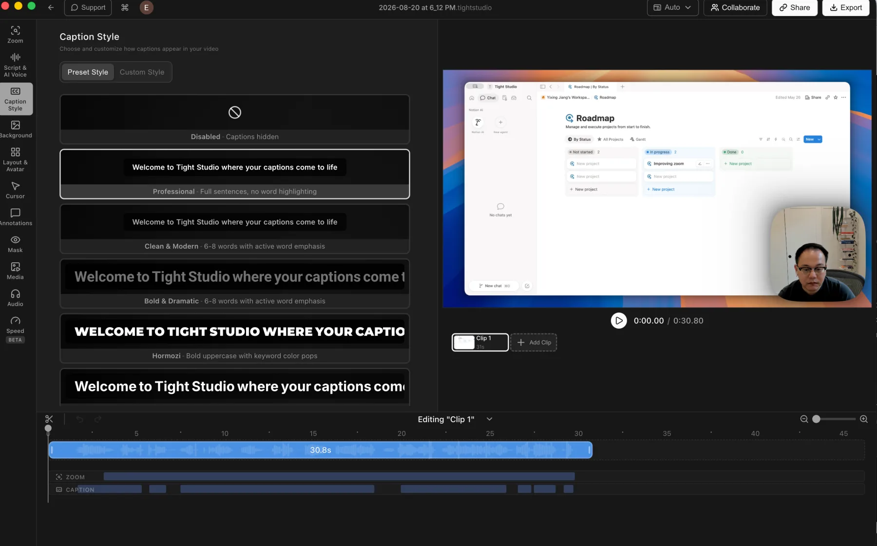 Tight Studio Caption Style panel showing Professional, Clean and Modern, Bold and Dramatic, and Hormozi caption presets plus a Custom Style tab