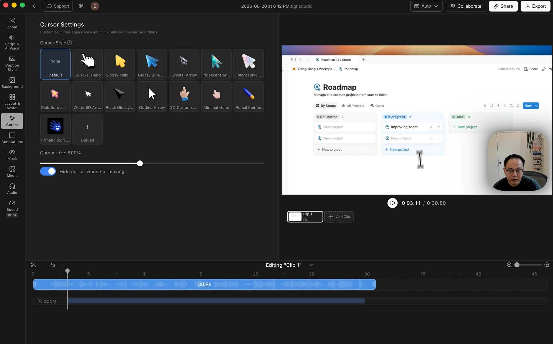 Tight Studio Cursor Settings panel showing preset cursor designs, a custom cursor upload option, cursor size control, and hide-when-idle setting