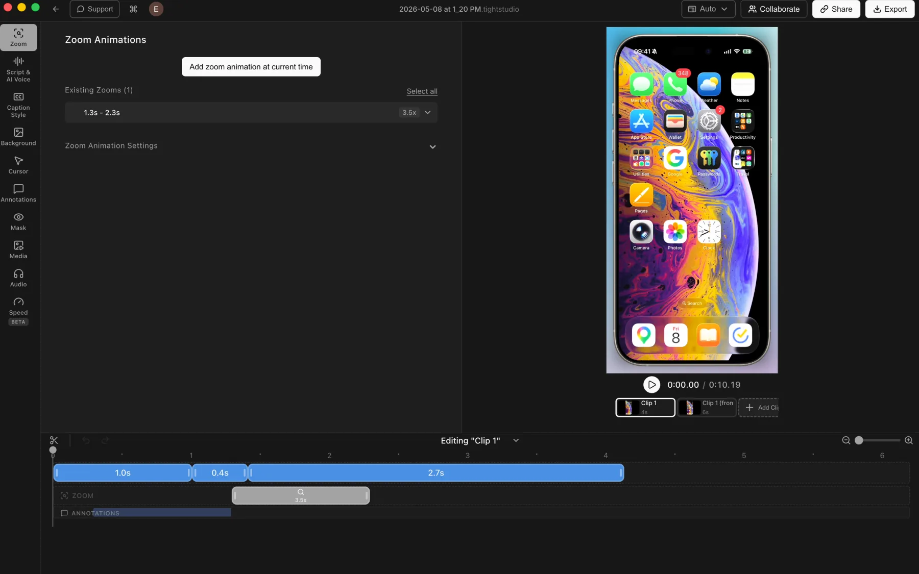 Tight Studio editor showing a portrait iPhone screen recording, multiple mobile recording clips, a manual zoom segment, and annotation controls on the timeline