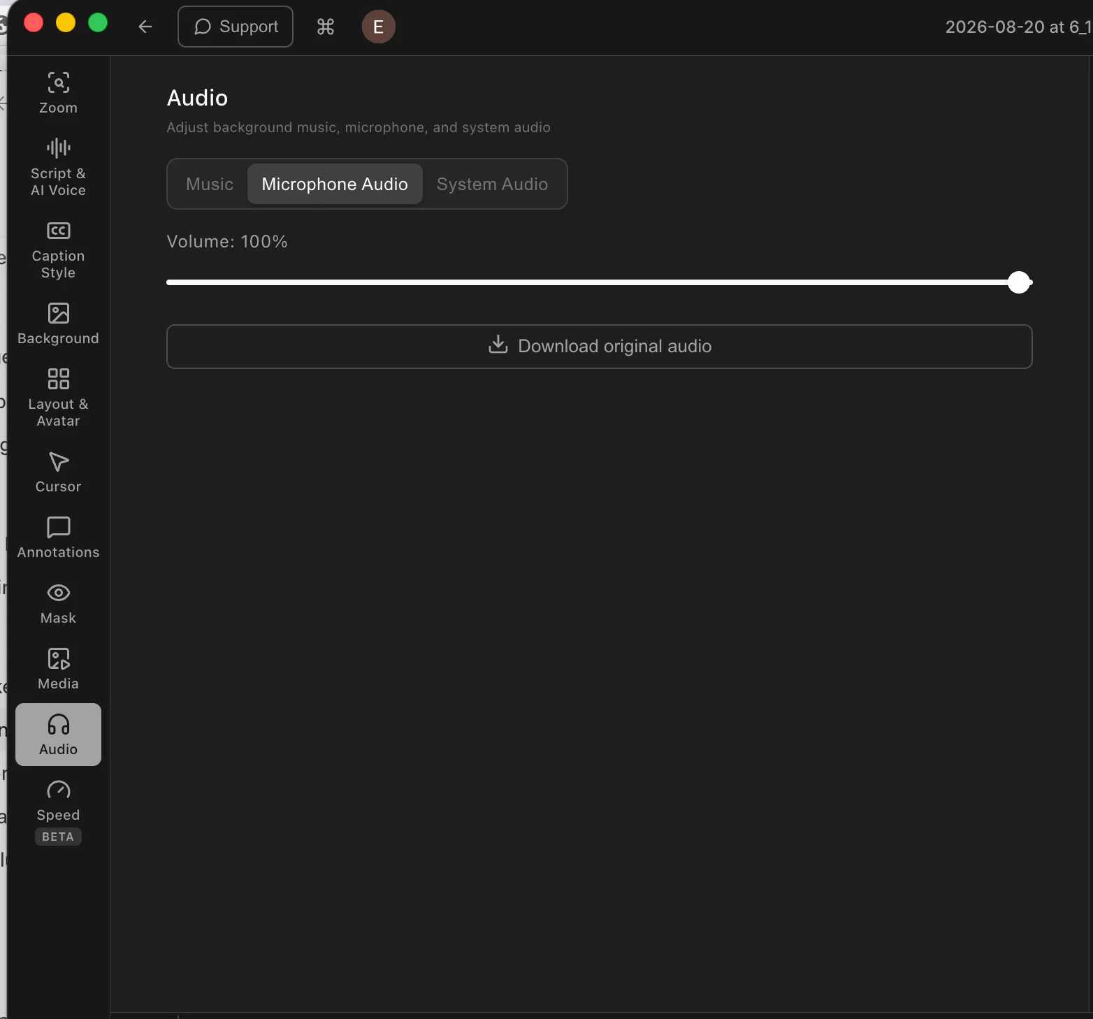 Tight Studio Microphone Audio panel showing a microphone volume slider and a button to download the original audio