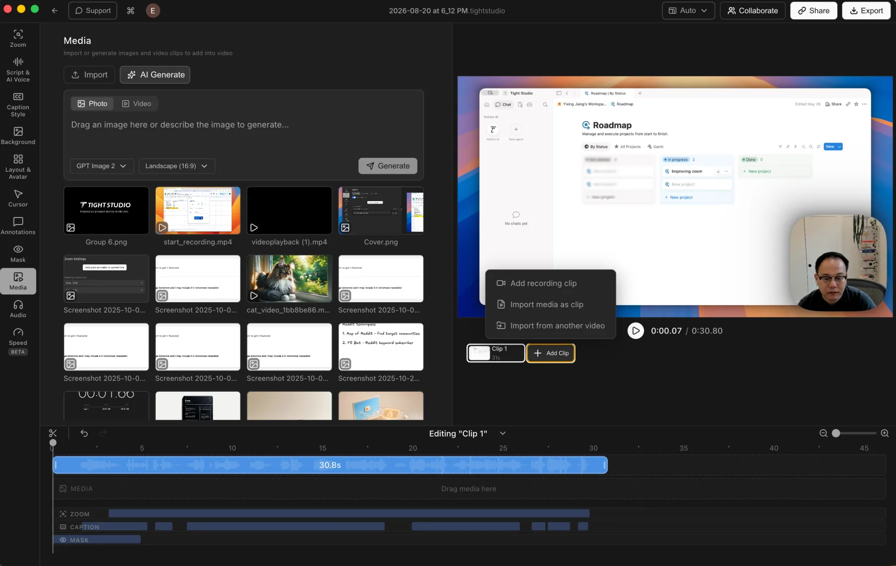 Tight Studio Media panel showing imported photos and videos, an Add Clip menu for recording or importing another clip, and media, zoom, caption, and mask tracks on the timeline