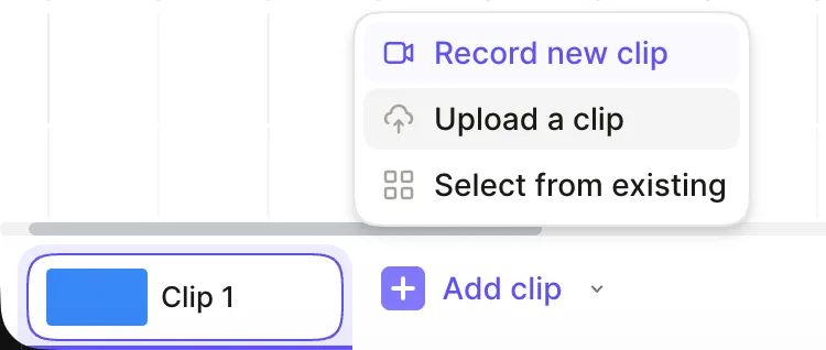 Tella Add clip menu showing Record new clip, Upload a clip, and Select from existing options beside the clip bar