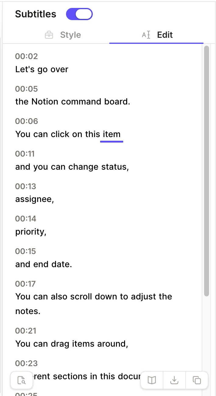 Tella Subtitles Edit panel showing timestamped caption text, the currently spoken word underline, and transcript editing controls