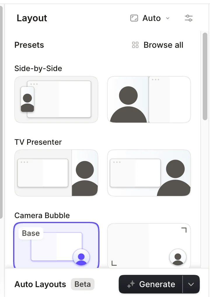Tella Layout panel showing Side-by-Side, TV Presenter, and Camera Bubble presets plus the Auto Layouts Generate button