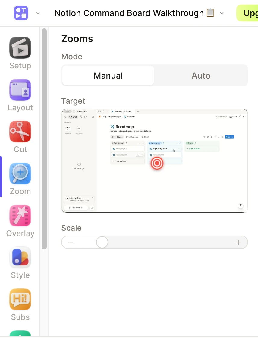 Tella Zooms panel showing Manual and Auto modes, a draggable manual zoom target, and a scale control