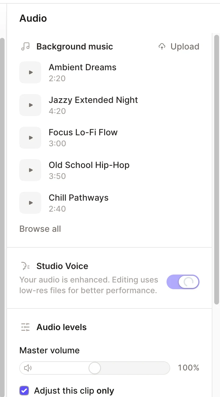 Tella Audio panel showing built-in background music, an Upload action, the enabled Studio Voice enhancement, and audio-level controls