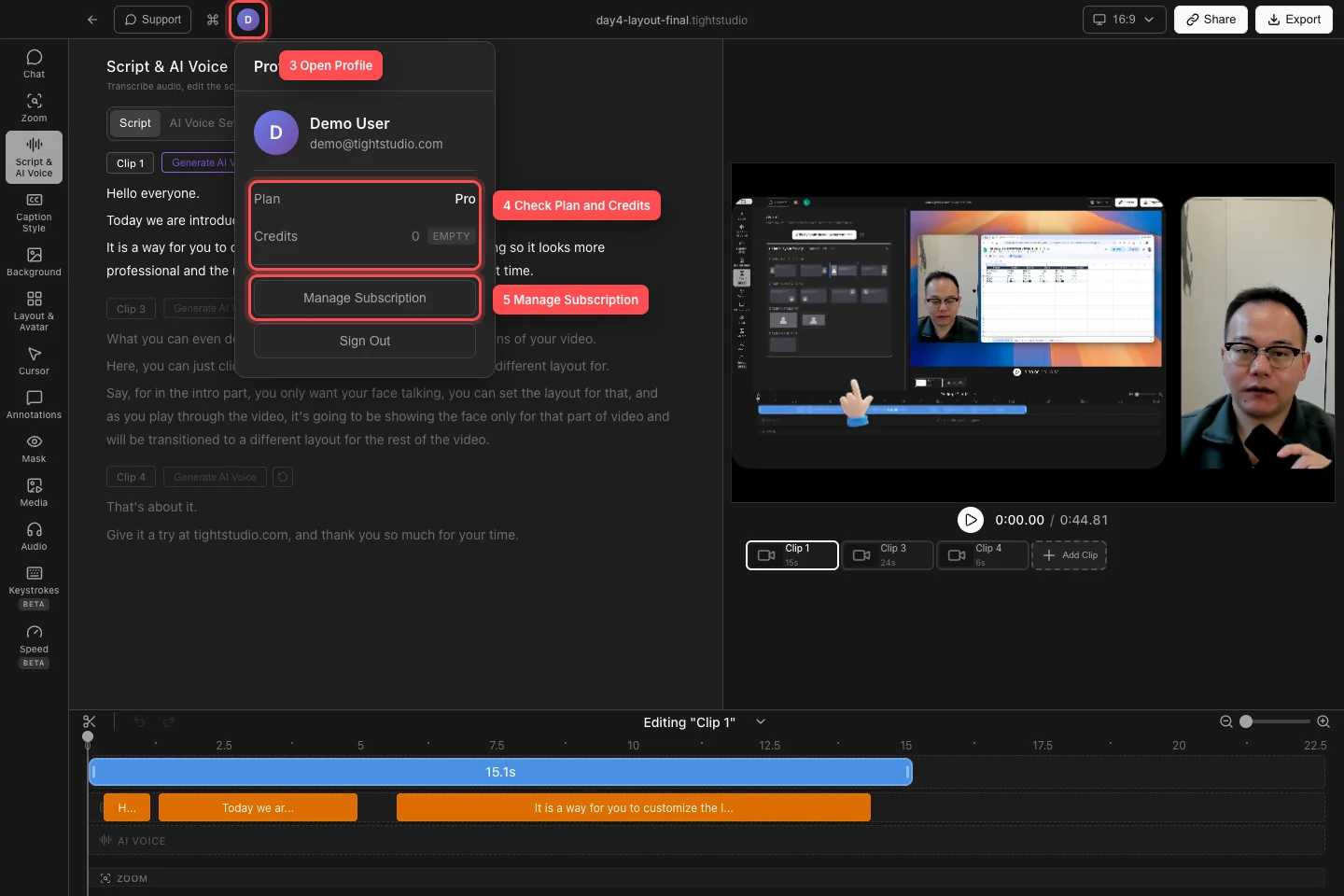 A real Tight Studio project with the top-bar avatar, Plan and Credits rows, and Manage Subscription button highlighted in the Profile panel.
