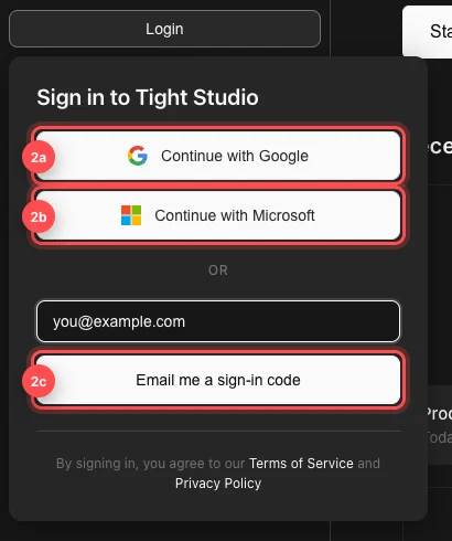 The Tight Studio sign-in panel with numbered highlights on the Google, Microsoft, and email-code choices.