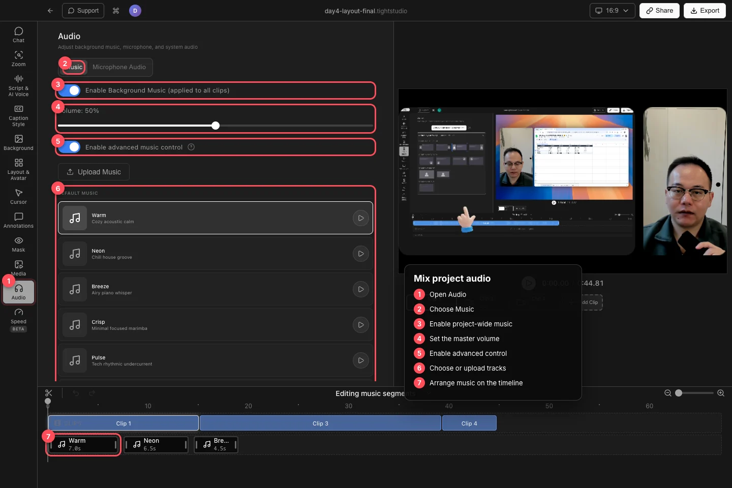 The real day4 Tight Studio project with Audio, Music, the project-wide toggle, master volume, advanced music control, library tracks, and music timeline highlighted.
