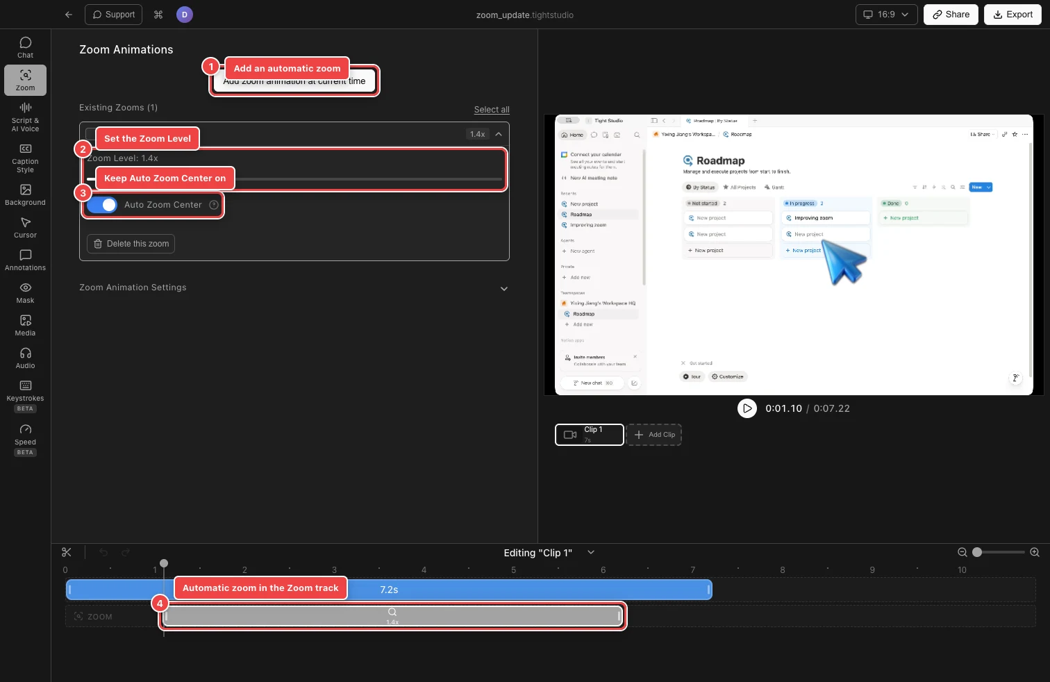 A real Notion recording in Tight Studio with numbered red outlines around Add zoom animation, Zoom Level, the enabled Auto Zoom Center toggle, and an automatic zoom segment in the timeline.