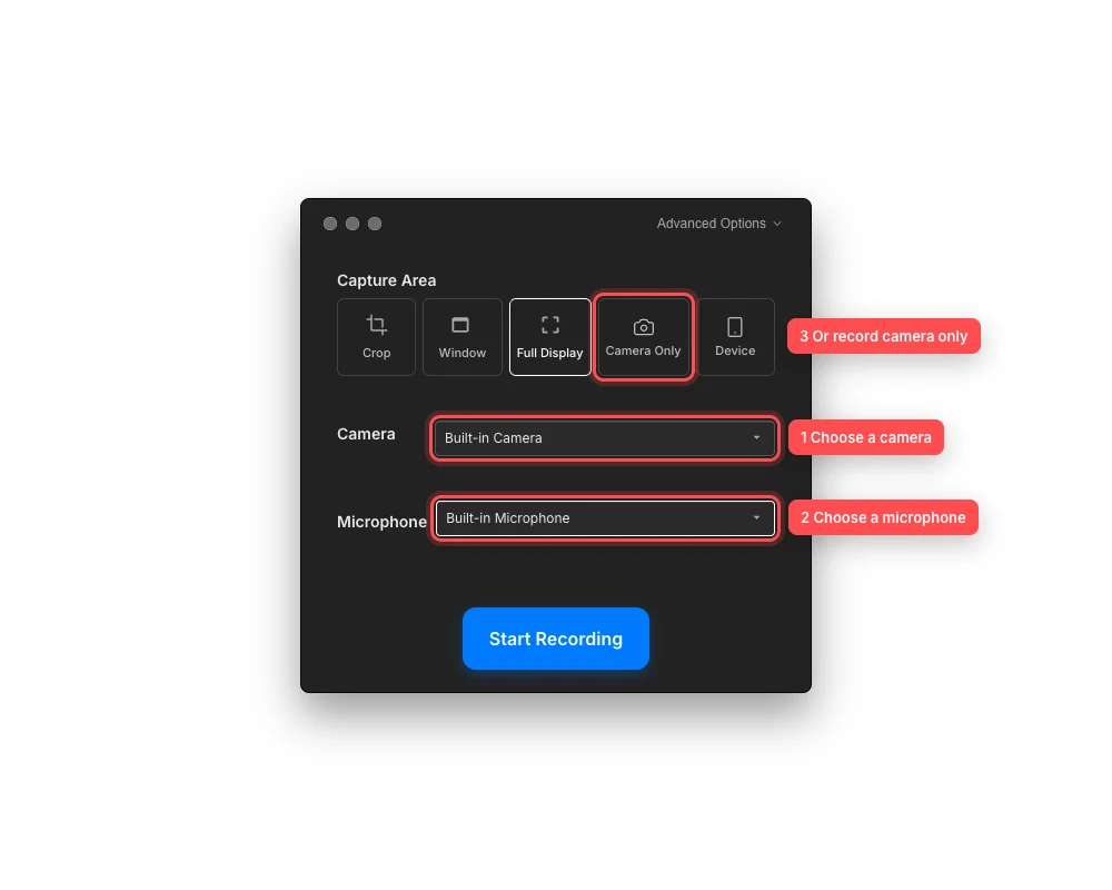 The Tight Studio recording controls with numbered red callouts on Camera Only, the camera menu, and the microphone menu.
