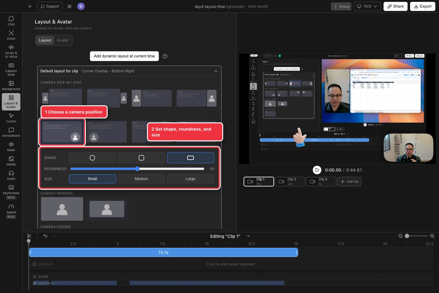 Layout and Avatar controls over a real spreadsheet presentation with a corner-camera preset and camera shape, roundness, and size controls highlighted.