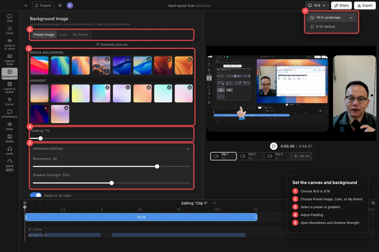 A real Tight Studio project with the 16:9 and 9:16 menu, background source tabs, wallpaper and gradient presets, Padding, Roundness, and Shadow Strength highlighted.