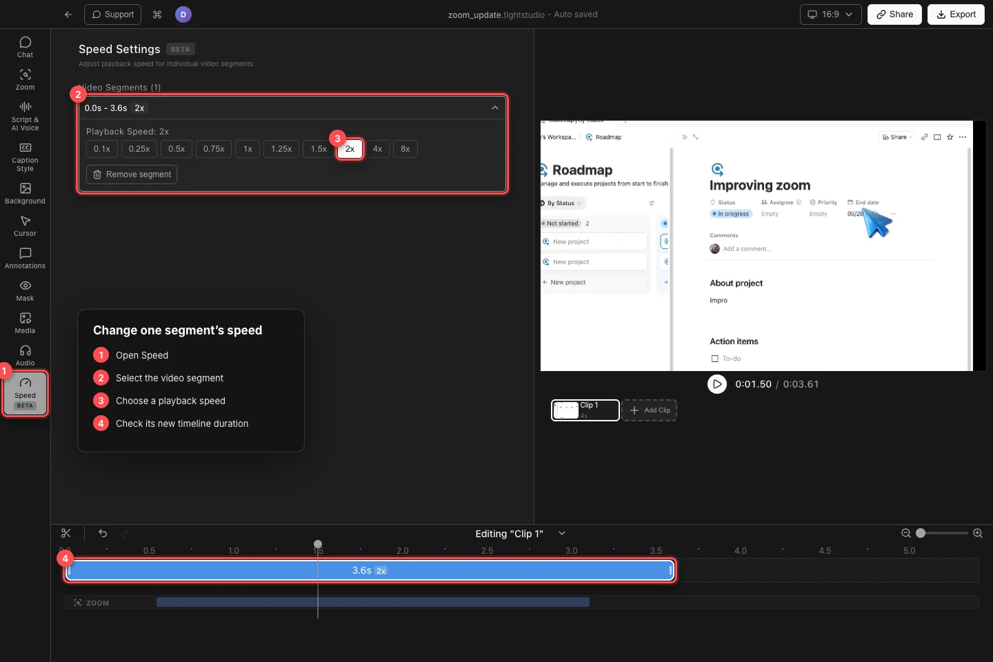 A real Tight Studio project with Speed, the selected video segment, the 2x preset, and the shortened 3.6-second timeline segment highlighted.