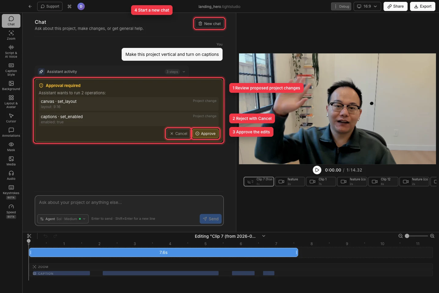 The real landing_hero project beside Project Chat, with an Approval required card for vertical canvas and captions changes plus Cancel, Approve, and New chat controls highlighted.