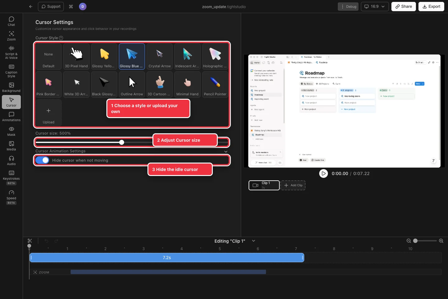 Cursor Settings beside a real Notion recording with the style gallery, size slider, and Hide cursor when not moving highlighted.