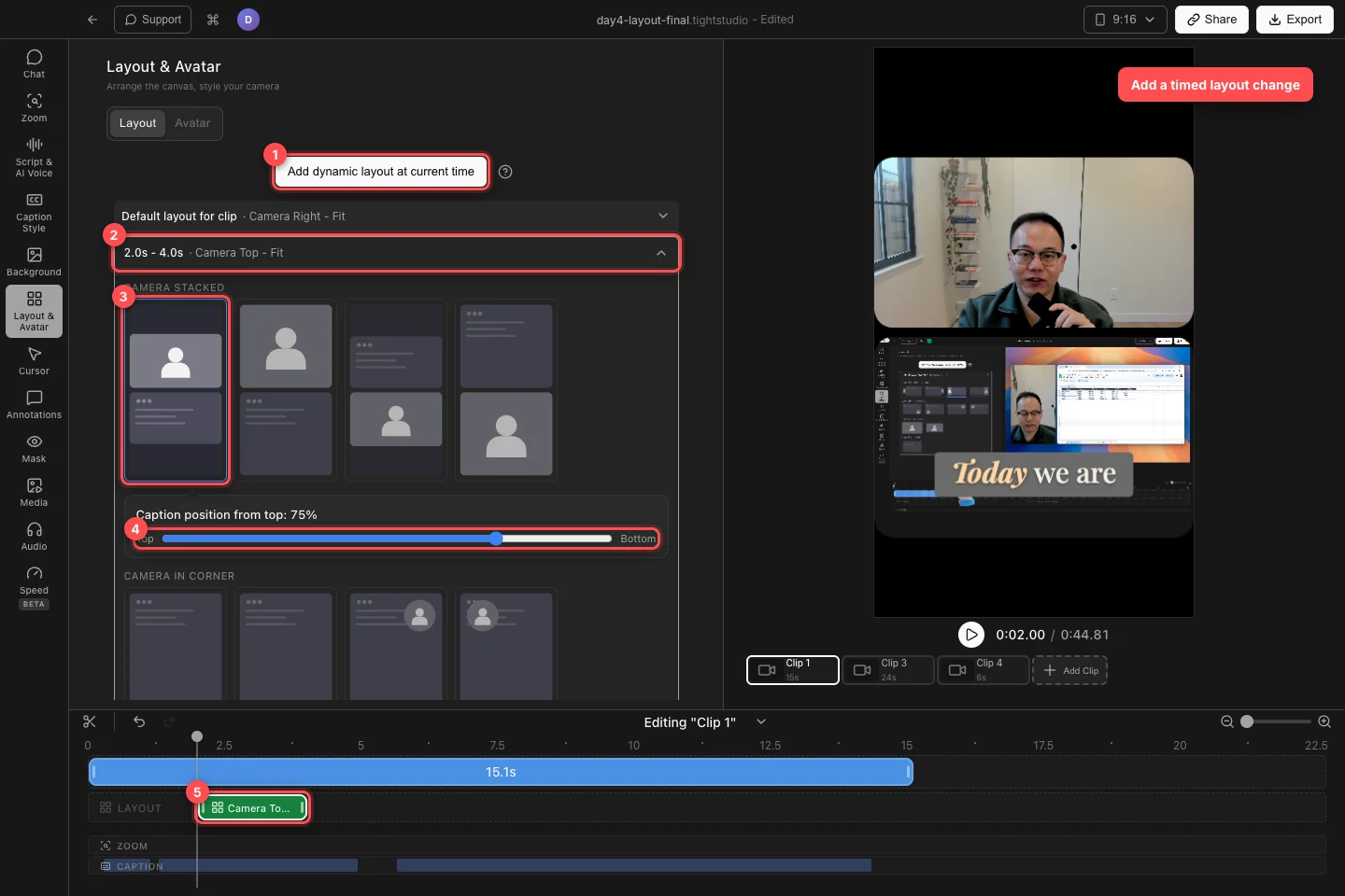 A real vertical Tight Studio project with Add dynamic layout at current time, a 2.0s–4.0s Camera Top - Fit row, its preset, caption-position slider, and green Layout timeline segment highlighted.