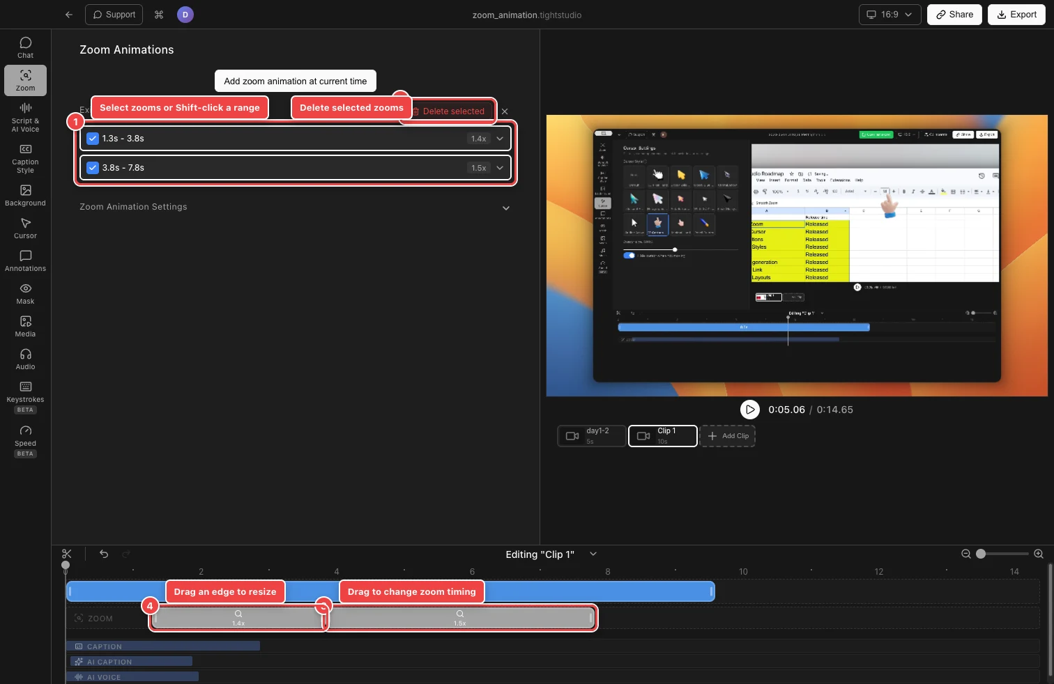 A real two-zoom Tight Studio project with numbered red outlines around the selected zoom rows, Delete selected, and both resizable zoom blocks in the timeline.