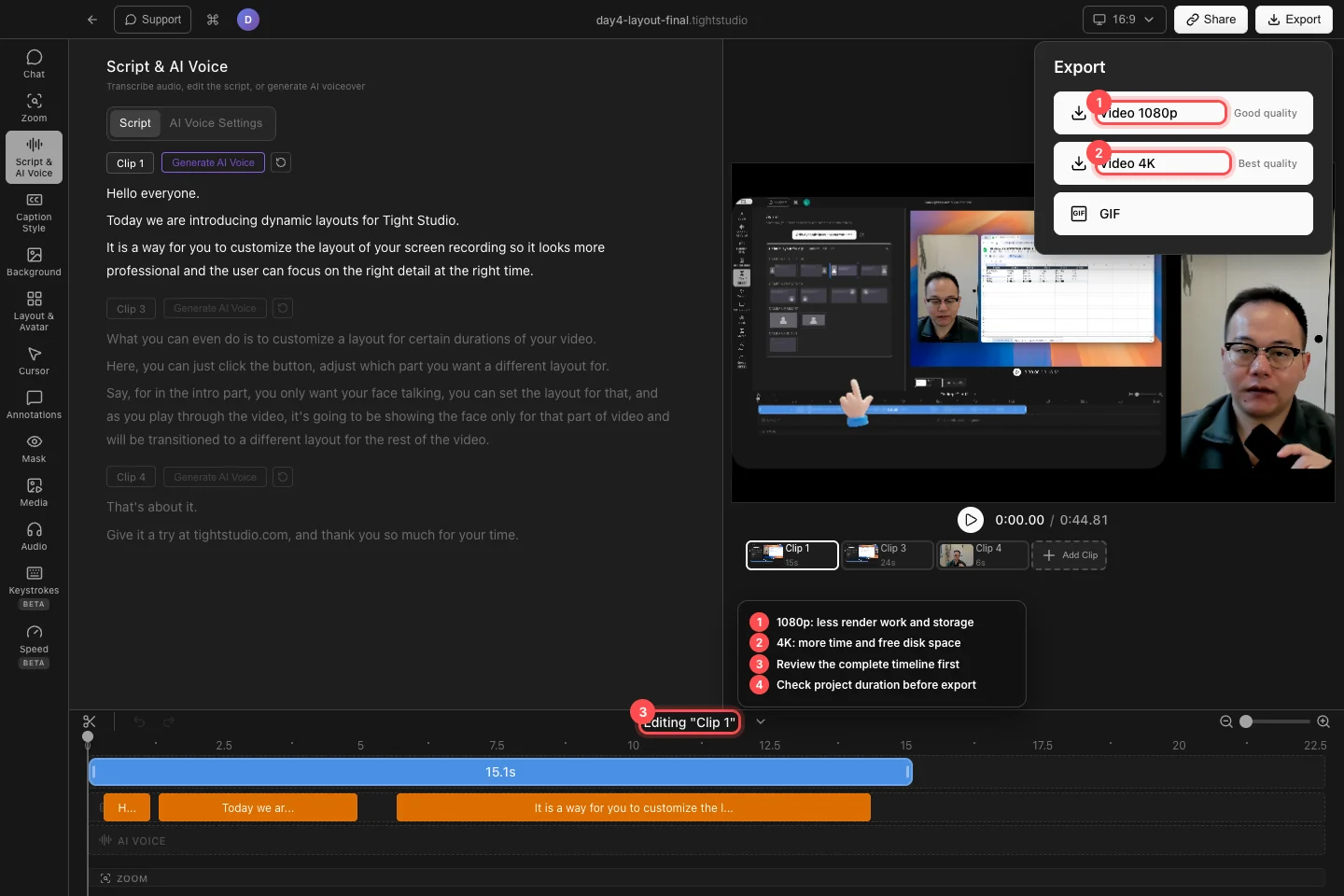 The real day4 project with the 1080p and 4K choices, active clip timeline, and export-performance guidance highlighted.