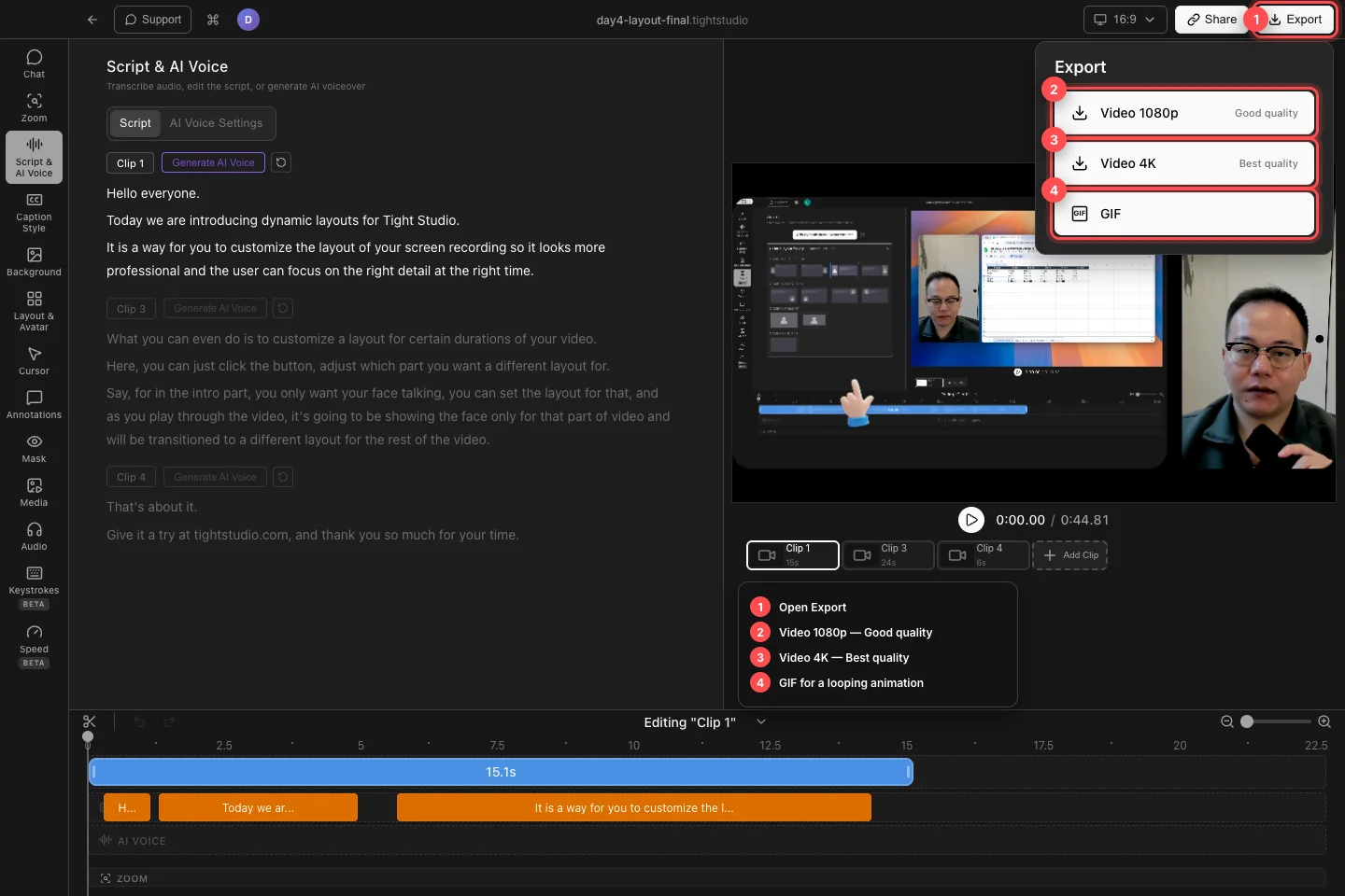 The real day4 dynamic-layout project with Export, Video 1080p, Video 4K, and GIF controls outlined and numbered.