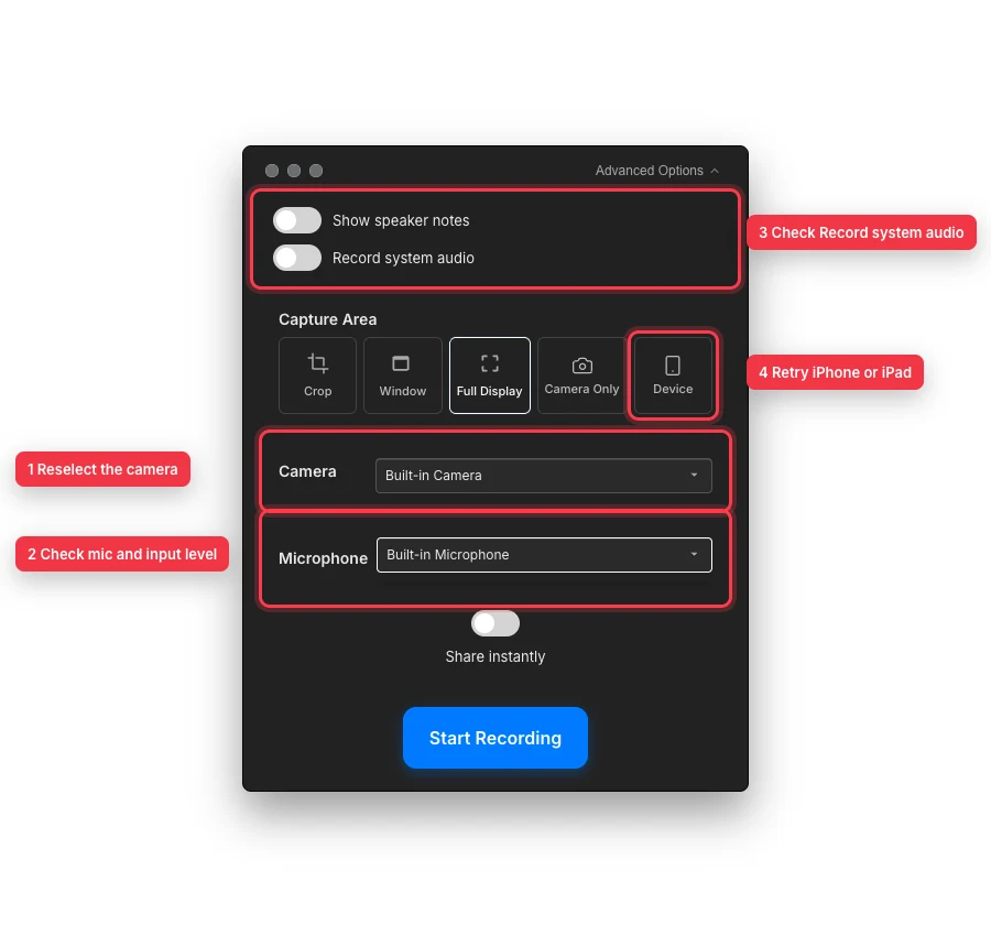 The Tight Studio recording controls with the camera picker, microphone picker and level area, Record system audio option, and Device capture button outlined with numbered callouts.