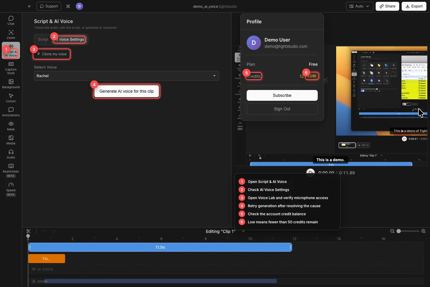 The real demo_ai_voice project with Script and AI Voice, AI Voice Settings, Clone my voice, Generate AI voice, and a Low credit balance numbered.