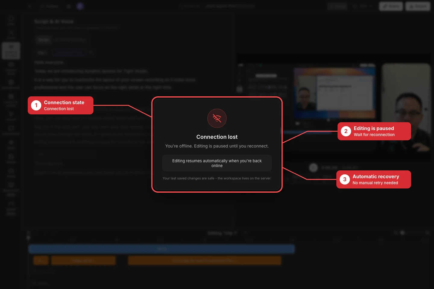 The real day4 Team Workspace project with the Connection lost dialog, paused editing message, and automatic recovery notice outlined with numbered callouts.