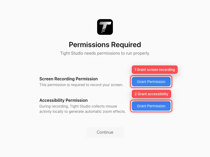 The Tight Studio Permissions Required window with both Grant Permission buttons outlined in red and numbered.
