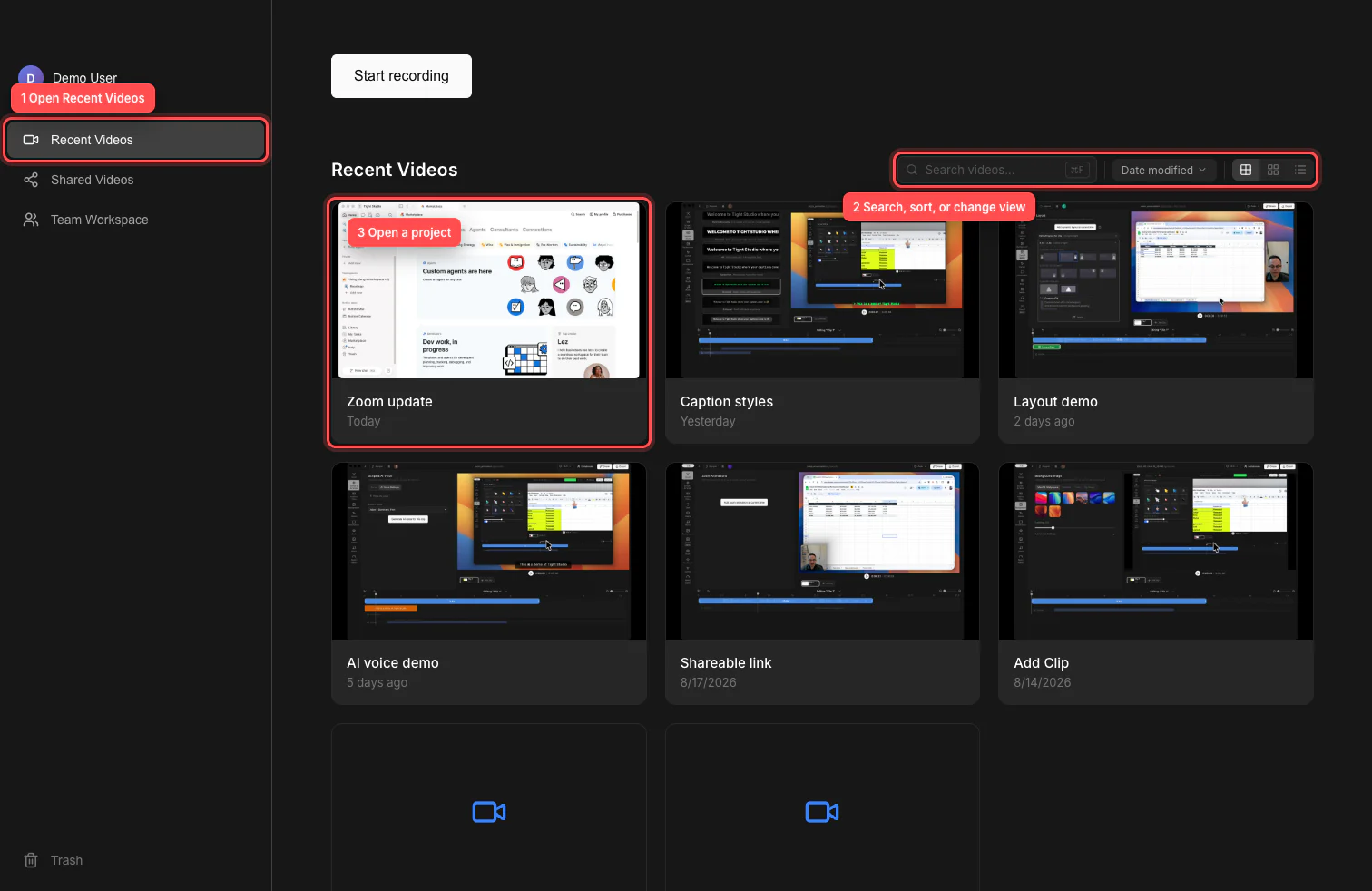 Tight Studio Home with real project thumbnails and numbered red outlines around Recent Videos, the library toolbar, and a project card.