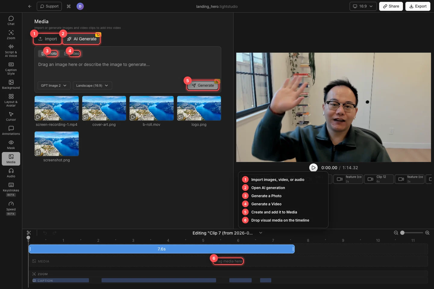 The real landing hero project with Import, AI Generate, Photo, Video, Generate, and the media timeline drop area numbered in the Media panel.