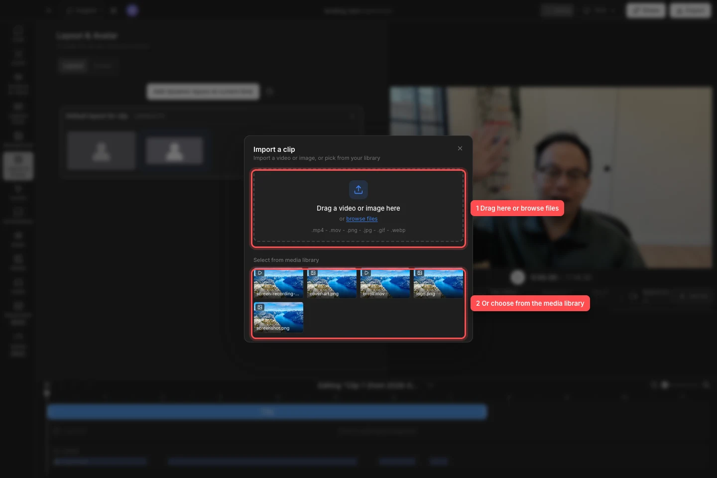 The Import a clip window over the real landing hero project, with red numbered rings around the file drop area and media-library grid.