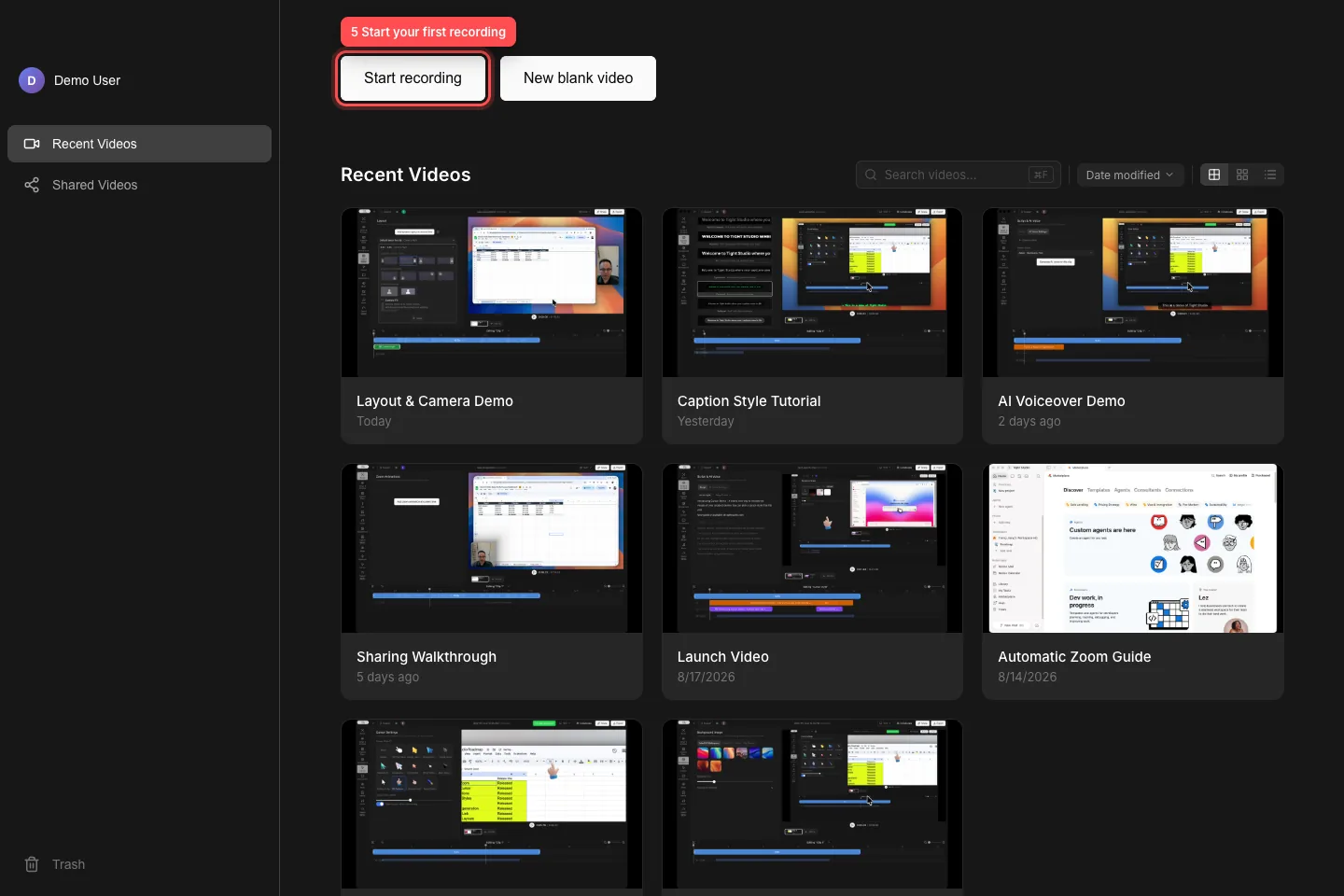 Tight Studio Home showing recent projects with the Start recording button outlined in red near the top.