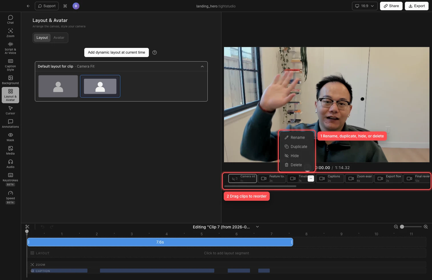 A real multi-clip Tight Studio project with the clip carousel and the Rename, Duplicate, Hide, and Delete menu outlined in red.