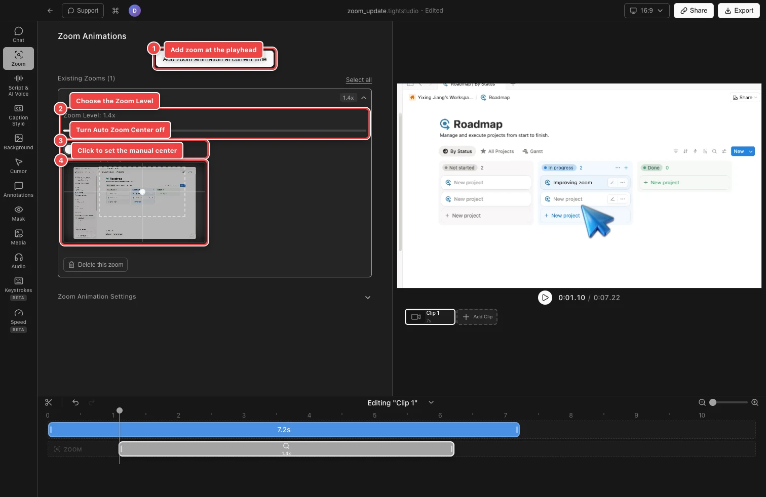 A real Notion recording in Tight Studio with numbered red outlines around Add zoom animation, Zoom Level, the disabled Auto Zoom Center toggle, and the manual-center frame thumbnail.