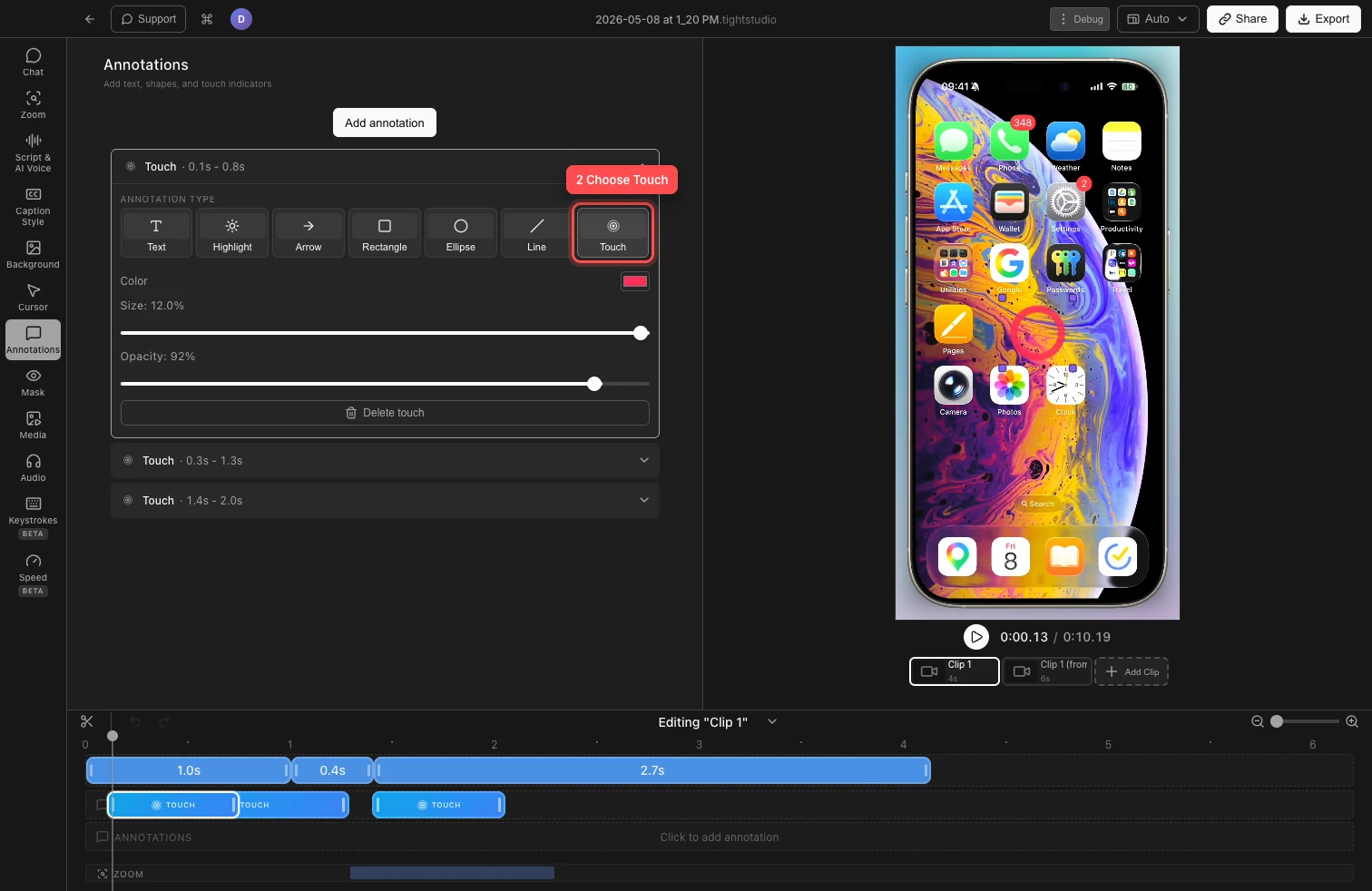 Tight Studio editing a real iPhone recording with the Touch annotation type highlighted, a red ripple visible on the phone, and its styling controls open.