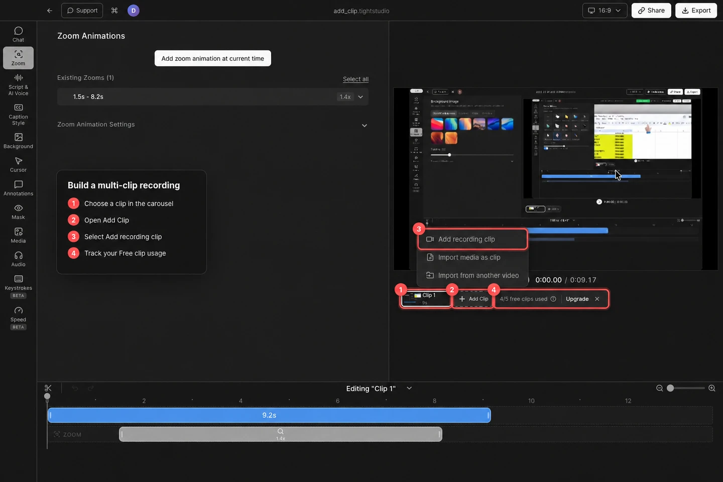 A real Tight Studio project with the selected clip, Add Clip button, Add recording clip menu item, and 4/5 free clips used badge highlighted.