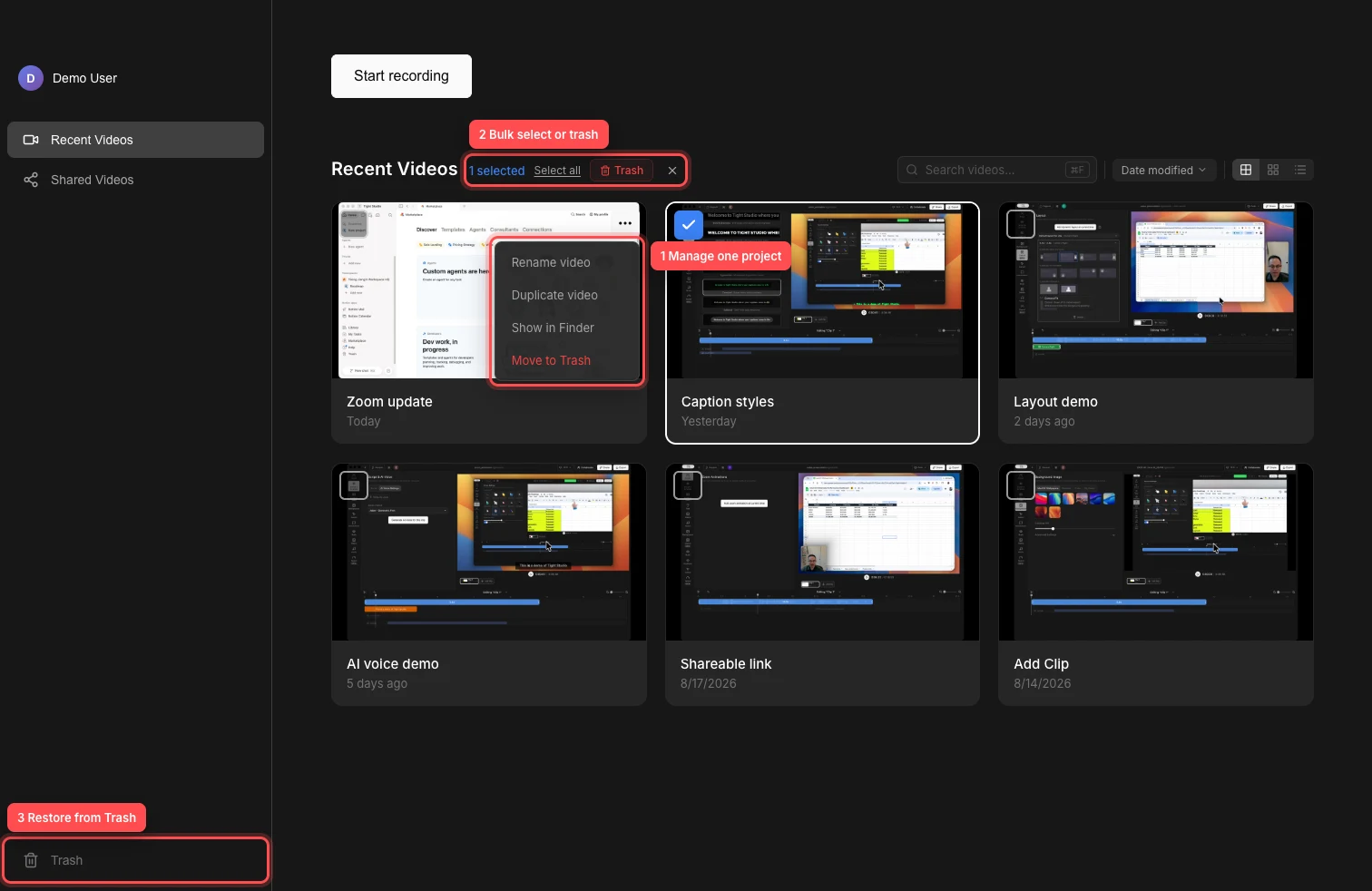 Tight Studio Home with real project thumbnails and red numbered outlines around the project menu, bulk controls, and Trash destination.