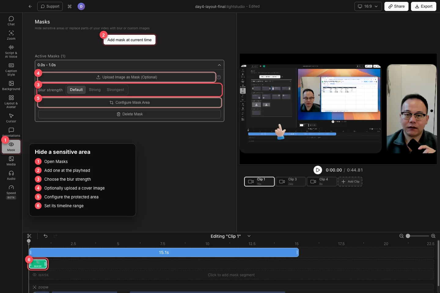 A polished real Tight Studio project with Masks, blur strength, optional image upload, Configure Mask Area, and the timed green mask segment highlighted.