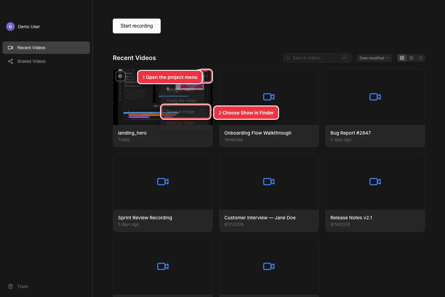 Tight Studio Recent Videos with a real project and Show in Finder highlighted in its menu.