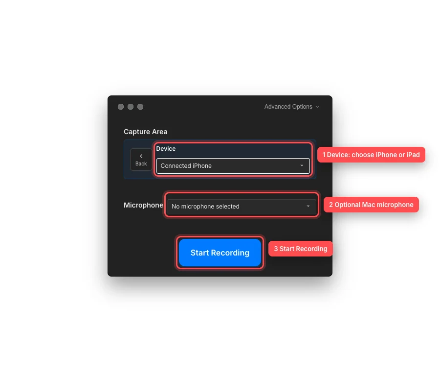The Device recording mode with the connected iPhone selector, optional Mac microphone, and Start Recording button highlighted.