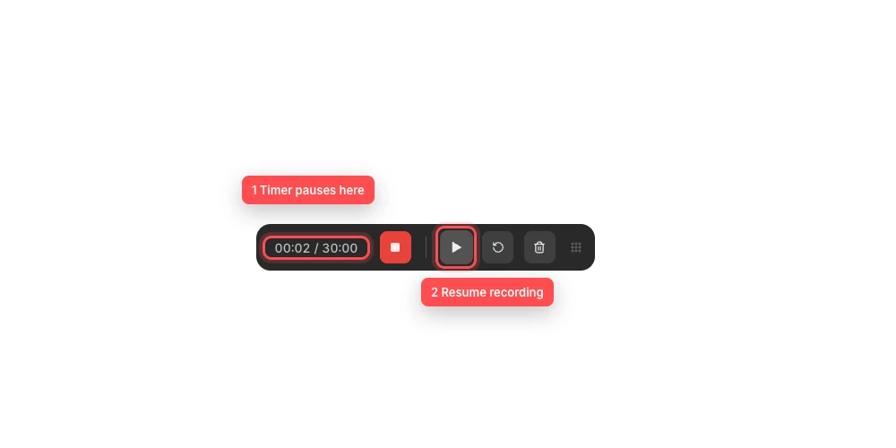 The paused recording panel with the stopped timer and play-shaped Resume recording button outlined and numbered.