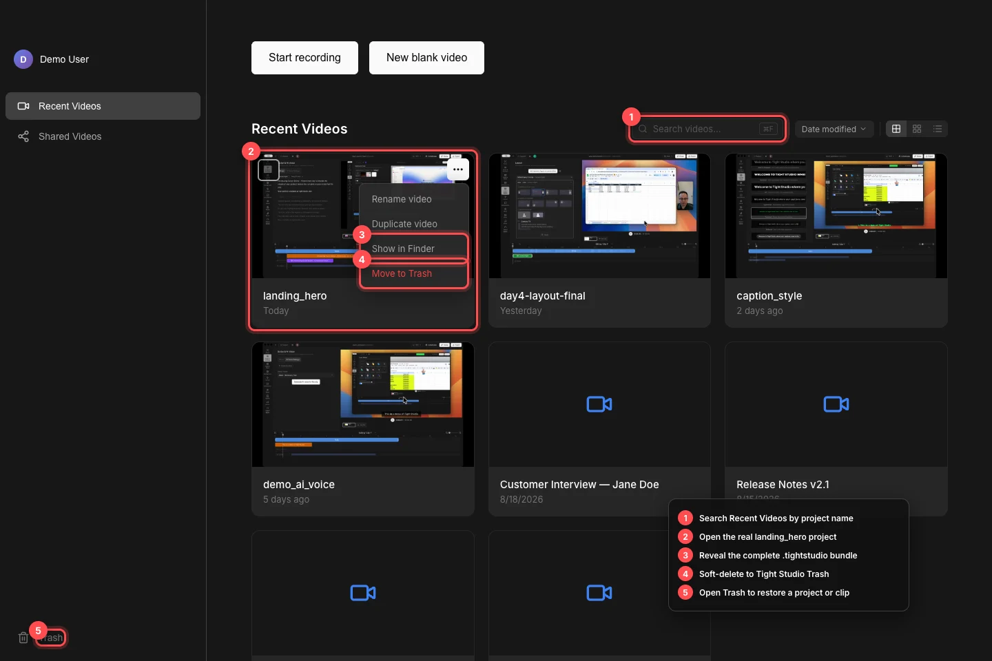 Recent Videos populated with real Tight Studio projects and the landing_hero menu, Show in Finder, Move to Trash, search, and Trash navigation numbered.