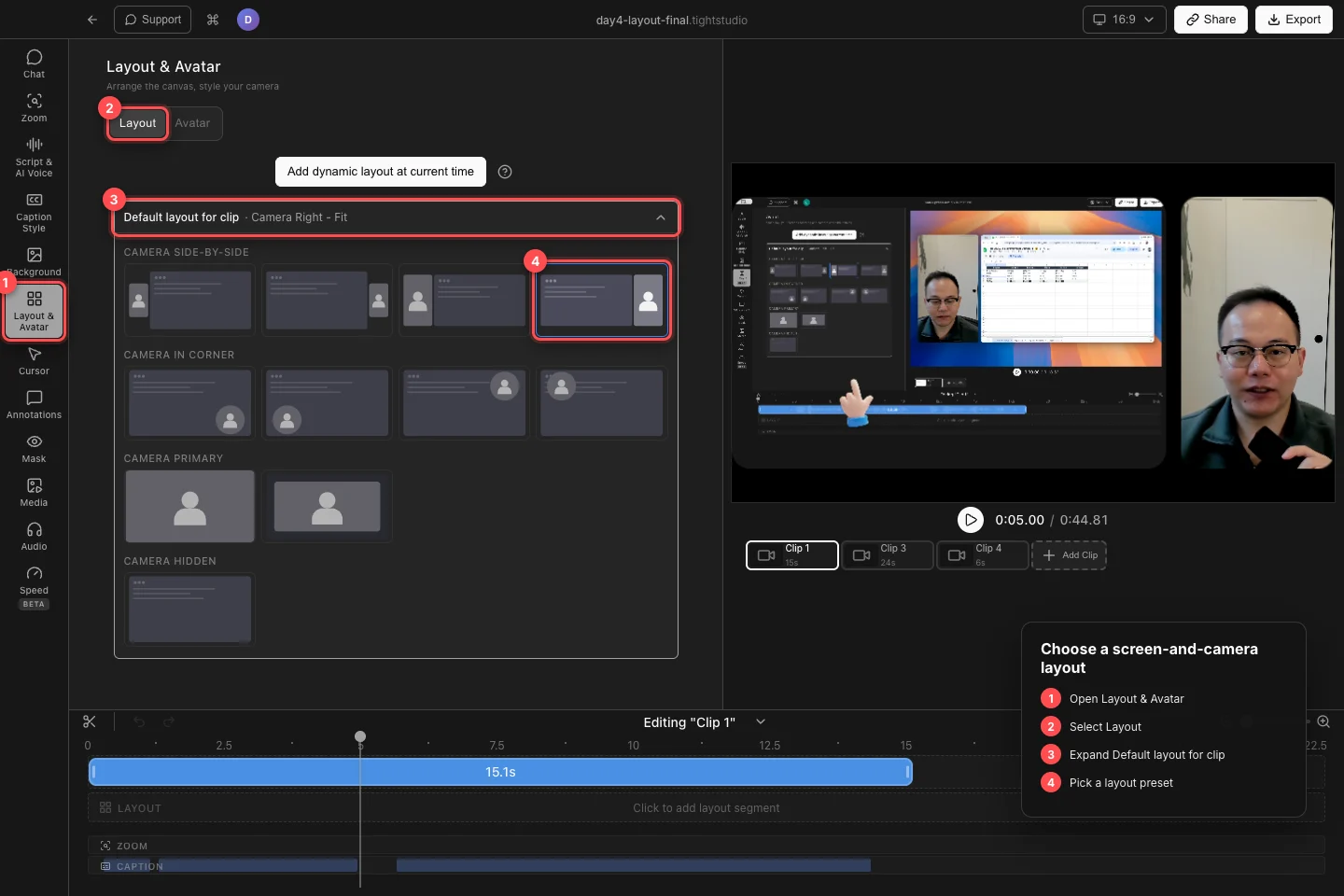 A real spreadsheet-and-camera project with Layout & Avatar, the Layout subtab, Default layout for clip, and the selected Camera Right - Fit preset highlighted.