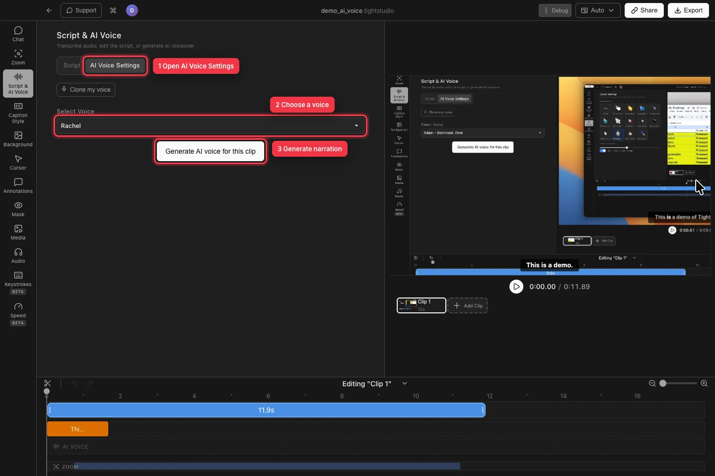 The real demo_ai_voice project with AI Voice Settings, the selected Rachel voice, and the Generate AI voice for this clip button outlined with numbered callouts.