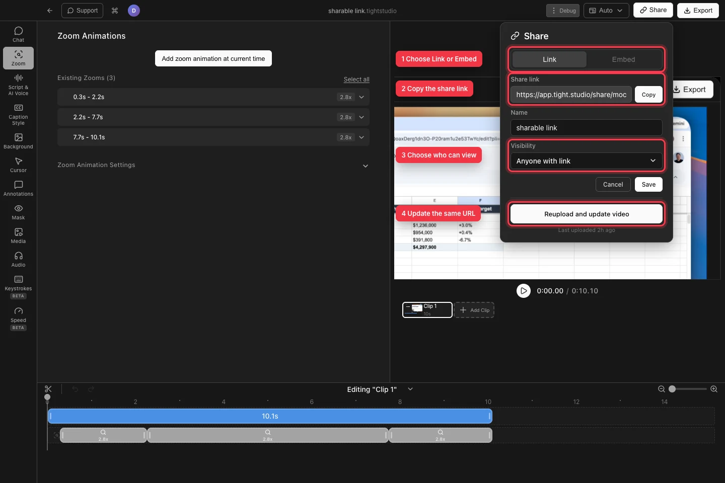 The real sharable link project with the Share dialog’s Link and Embed tabs, share URL, visibility control, and Reupload and update video button outlined with numbered callouts.