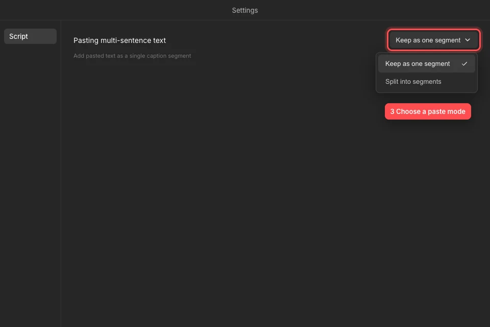 Tight Studio Settings on the Script tab with the Pasting multi-sentence text menu open and its two options visible.